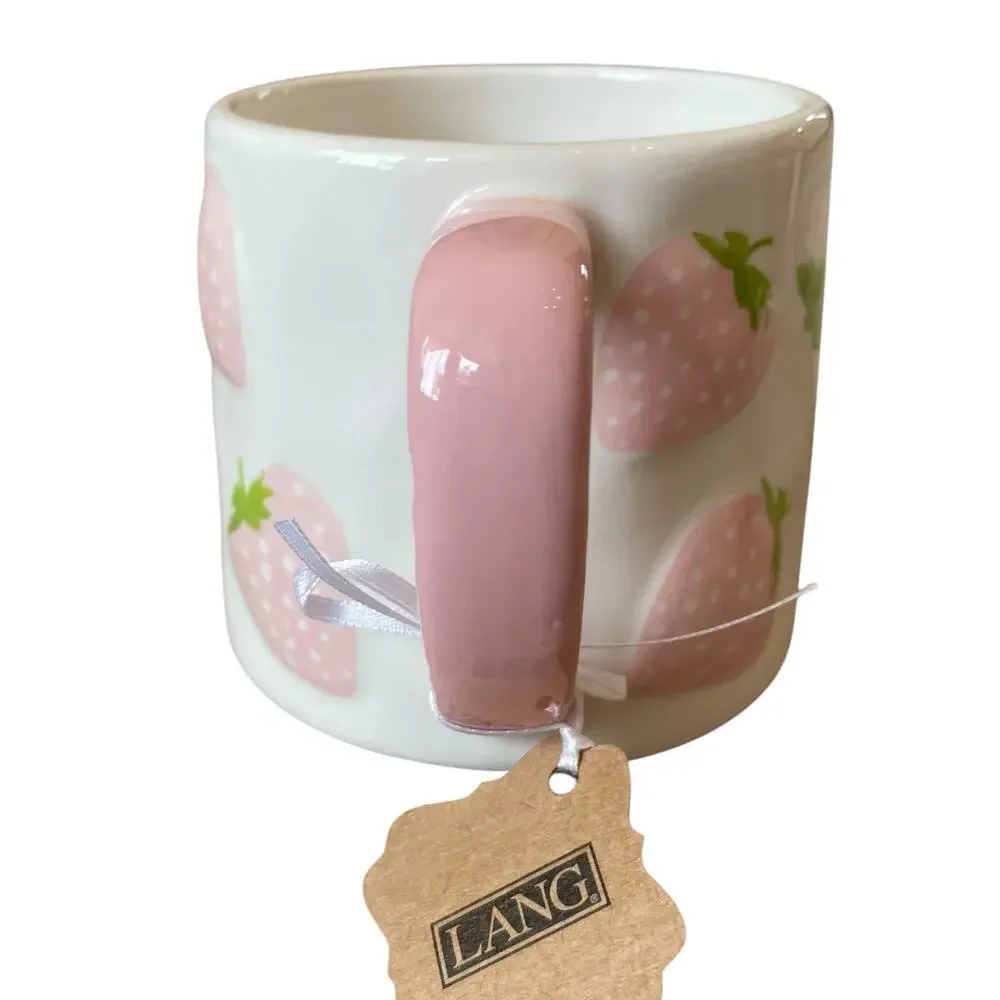 Lang Hand Painted PINK STRAWBERRY Ceramic Coffee Tea Mugs Set of 2 New